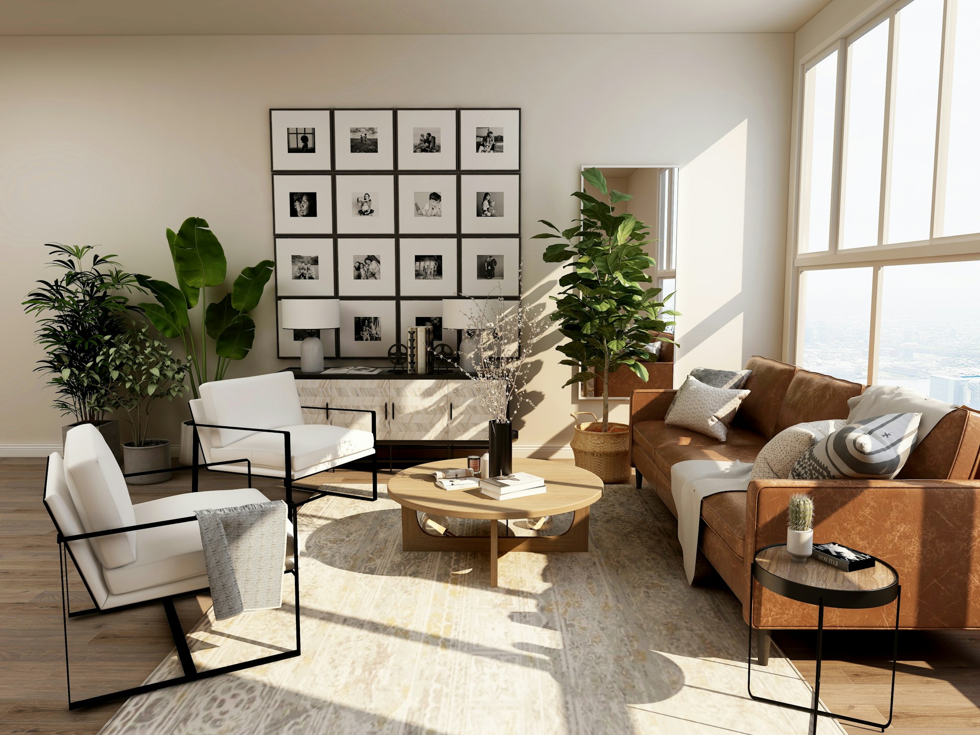 Sunlit contemporary living room with warm natural materials